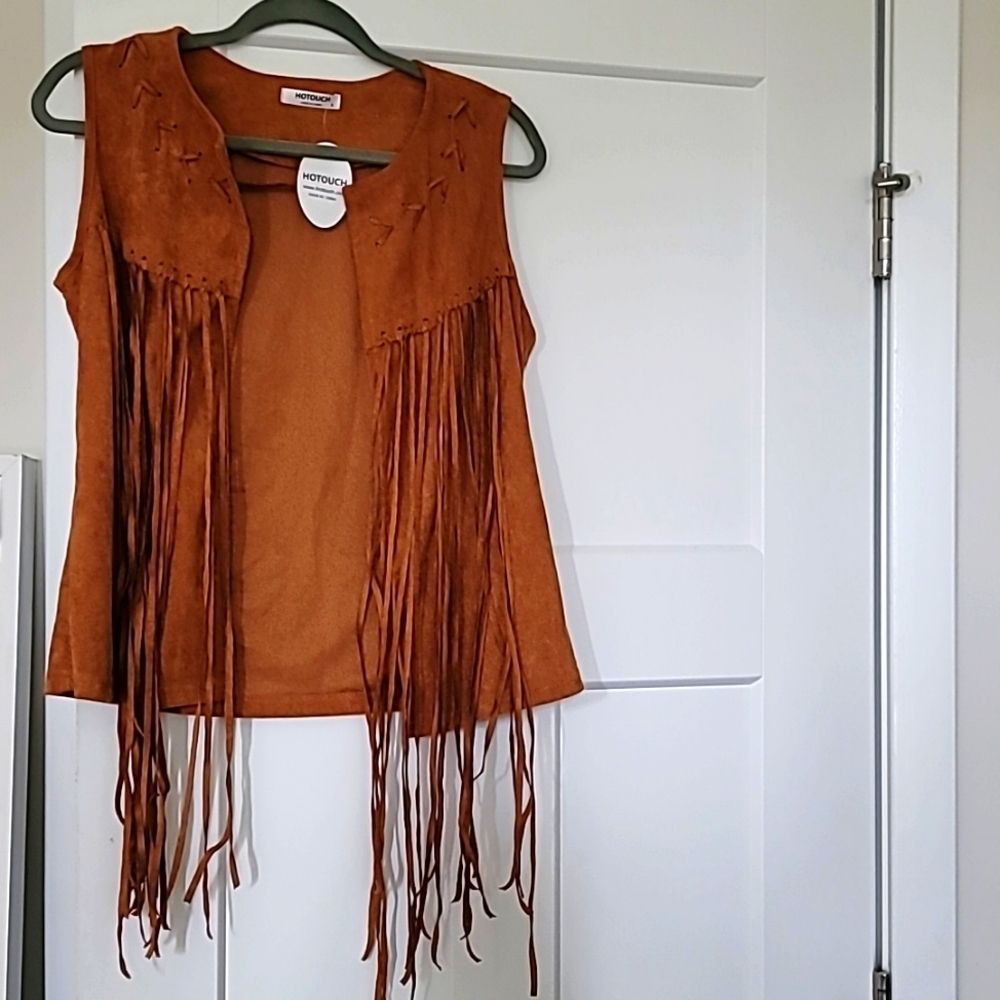 NWT Hotouch Fringe Vest Faux Suede Tassels 70s Hippie Open-Front Sleeveless